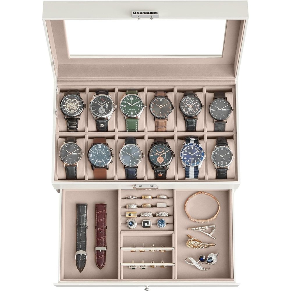 image:imageSONGMICS Watch Box for Men 2Tier Case with 6 Slots and Glass LidCloud White Cappuccino Beige
