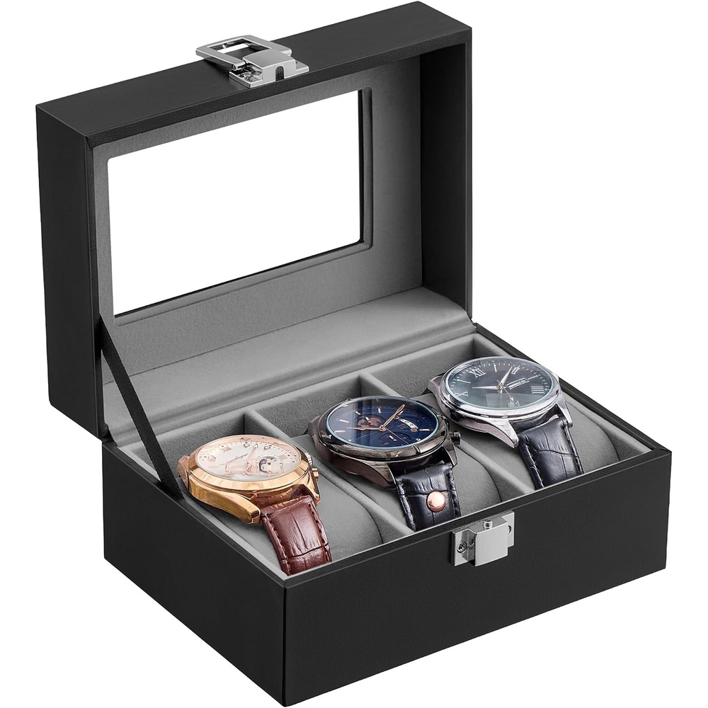 image:imageSONGMICS Watch Box for Men 3Slot Watch Case with Large Glass LidBlack Gray