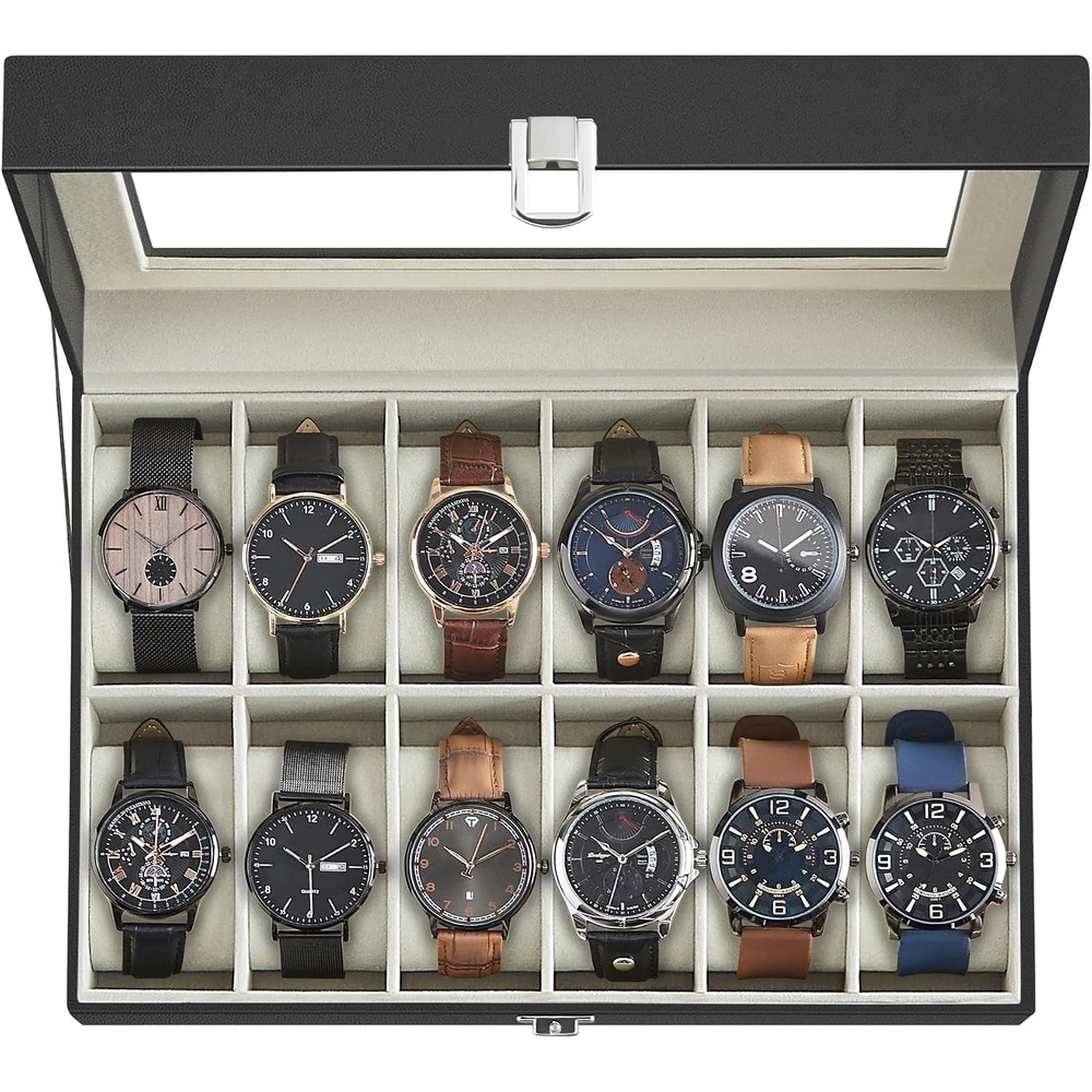 image:imageSONGMICS Watch Box for Men 3Slot Watch Case with Large Glass LidBlack  Greenish Beige