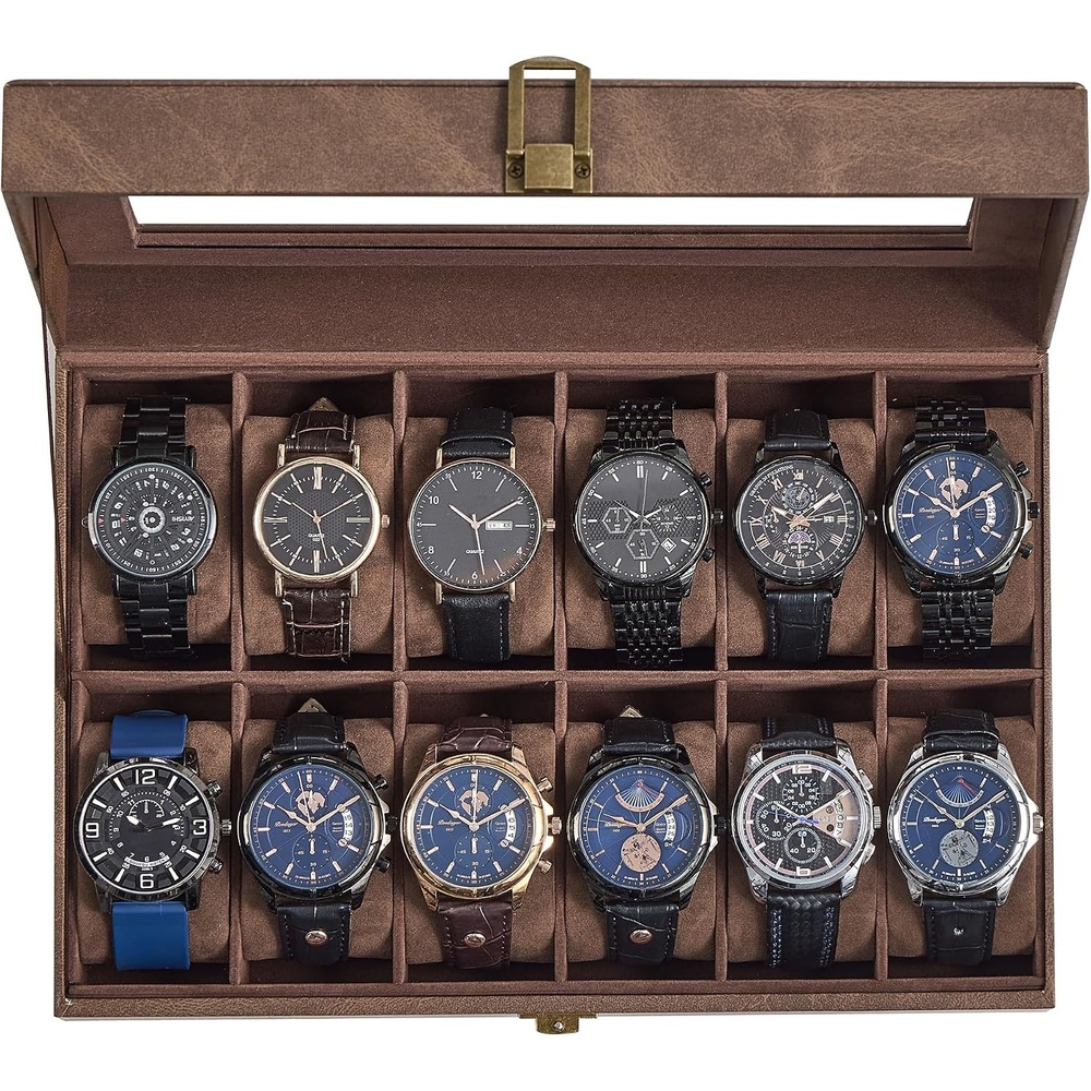 image:imageSONGMICS Watch Box for Men 3Slot Watch Case with Large Glass LidBrown Brown
