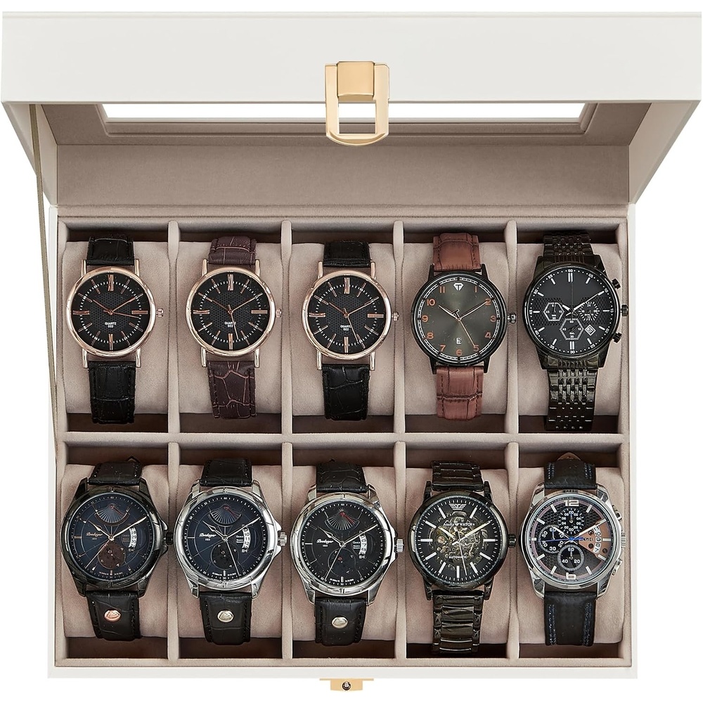 image:imageSONGMICS Watch Box for Men 3Slot Watch Case with Large Glass LidCloud White Cappuccino Beige