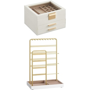 SONGMICS 3-Layer Jewelry Organizer Bundle with Jewelry Holder, Jewelry Box with Glass Lid, 2 Drawers, Jewelry Display Stand with Metal Frame, White and Pale Gold UJBC239WT and UJJS028A01