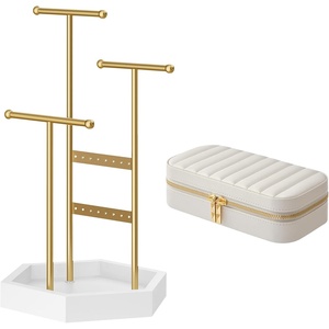 SONGMICS Jewelry Holder and Travel Jewelry Box Bundle, Metal Frame, Small Mirror, PU Surface with Stitching, Gift Idea, Gold and White and Cloud White UJJS003A01 and UJBC180W01