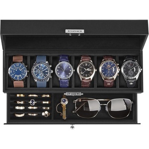 SONGMICS Watch Box for Men, 2-Tier Case with 6 Slots and Glass Lid(Black + Black)