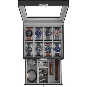 SONGMICS Watch Box for Men, 2-Tier Case with 6 Slots and Glass Lid(Black + Greenish Gray)