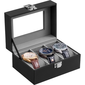 SONGMICS Watch Box for Men, 3-Slot Watch Case with Large Glass Lid(Black + Gray)