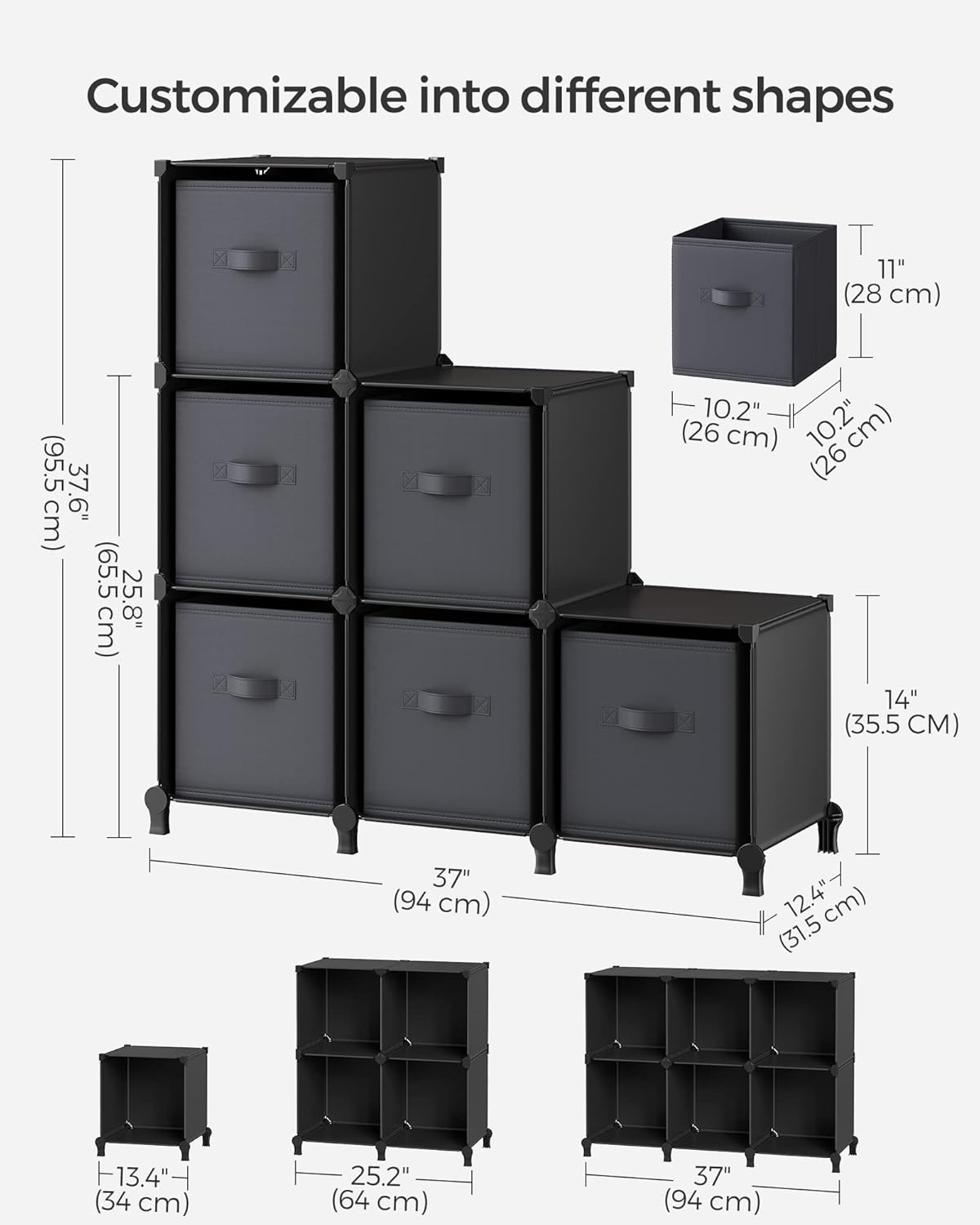 image:imageSONGMICS 6Cube Storage Organizer with 6 Collapsible Bins CustomizableInk Black Dove Gray