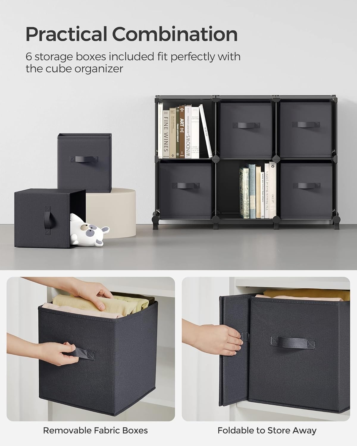 image:imageSONGMICS 6Cube Storage Organizer with 6 Collapsible Bins CustomizableInk Black Dove Gray