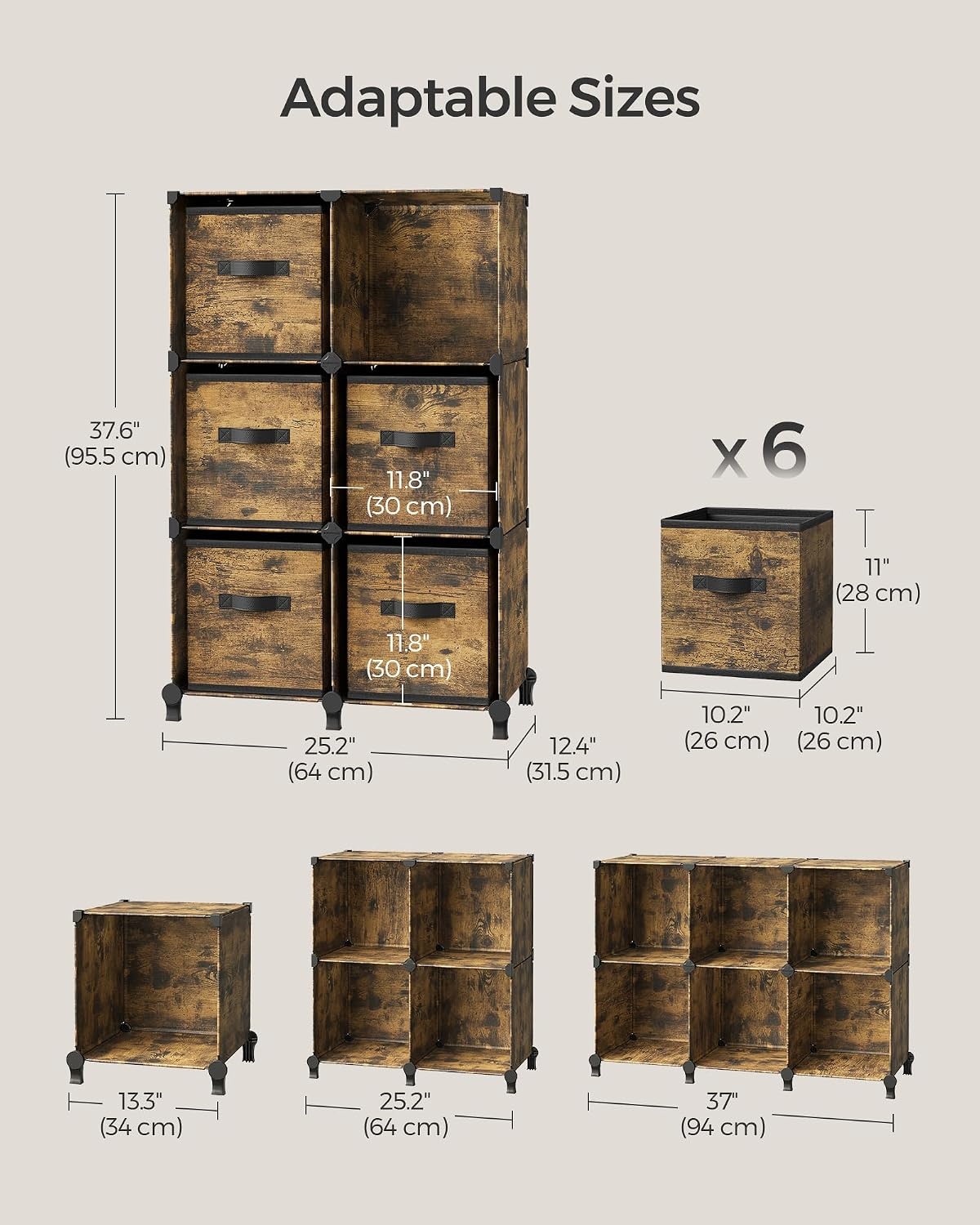 image:imageSONGMICS 6Cube Storage Organizer with 6 Collapsible Bins CustomizableRustic Brown