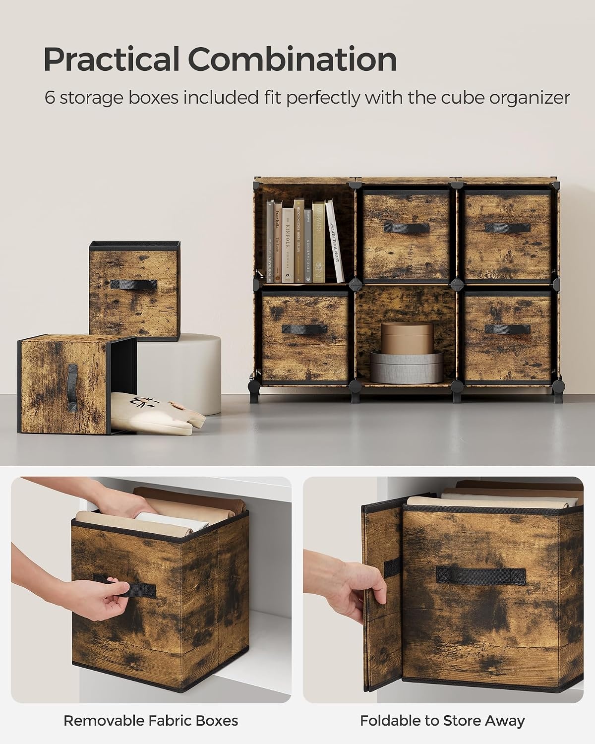 image:imageSONGMICS 6Cube Storage Organizer with 6 Collapsible Bins CustomizableRustic Brown