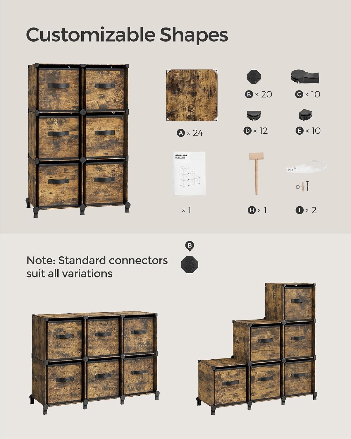 image:imageSONGMICS 6Cube Storage Organizer with 6 Collapsible Bins CustomizableRustic Brown