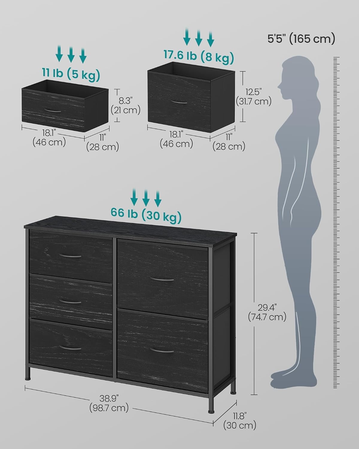 image:imageSONGMICS Dresser for Bedroom Wide Dresser for Closet with 5 Fabric DrawersEbony Black