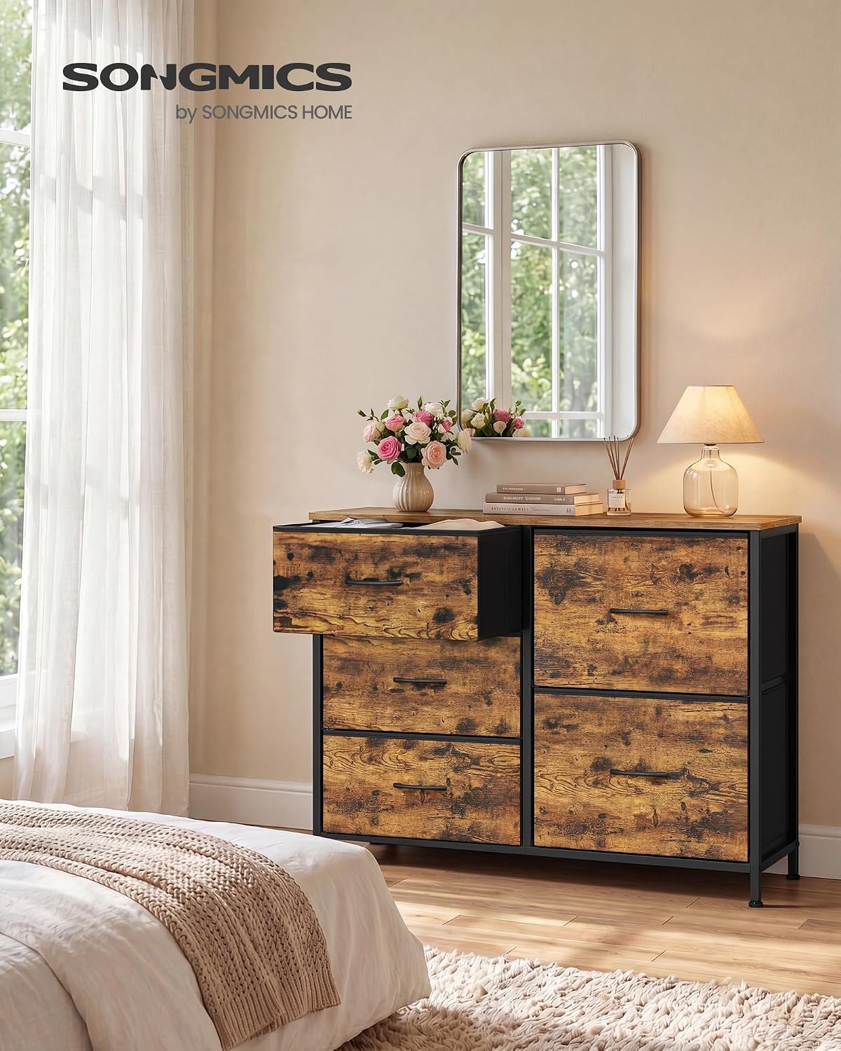 image:imageSONGMICS Dresser for Bedroom Wide Dresser for Closet with 5 Fabric DrawersRustic Brown