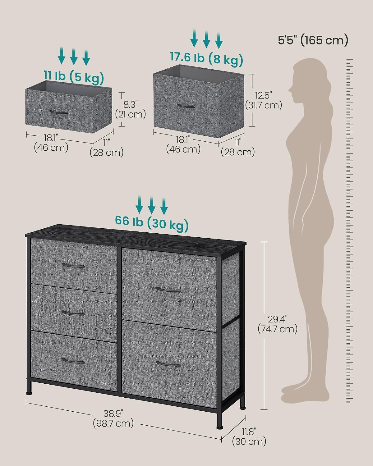 image:imageSONGMICS Dresser for Bedroom Wide Dresser for Closet with 5 Fabric DrawersSlate Gray