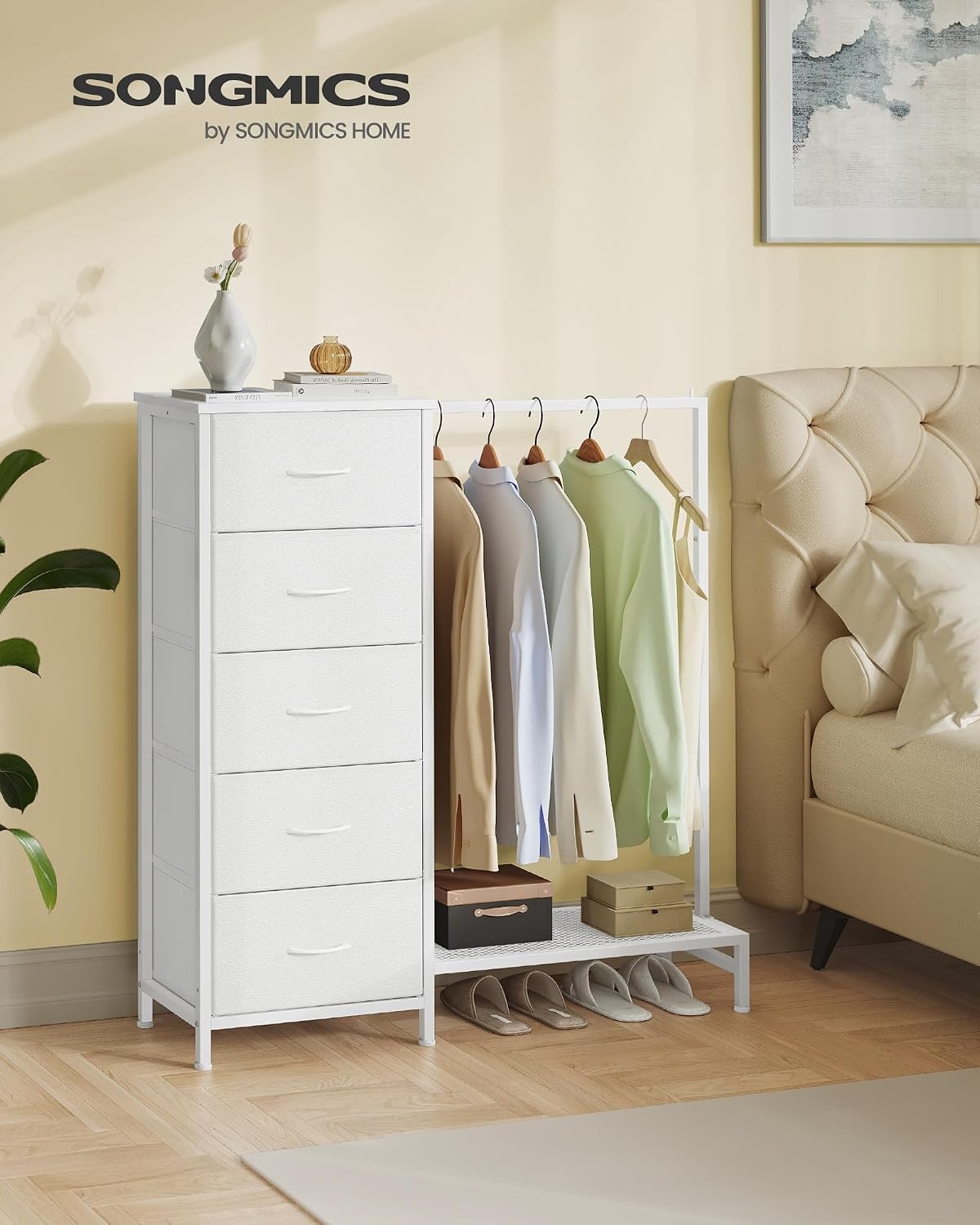 image:imageSONGMICS Dresser with Hanging Rod 5 Fabric Drawers Bottom ShelfCloud White