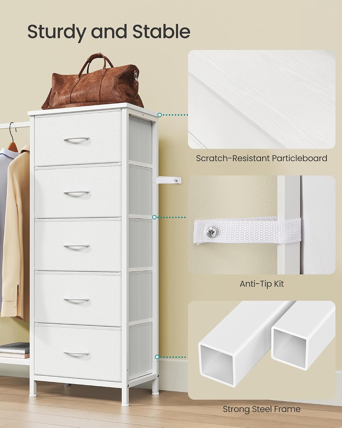 image:imageSONGMICS Dresser with Hanging Rod 5 Fabric Drawers Bottom ShelfCloud White