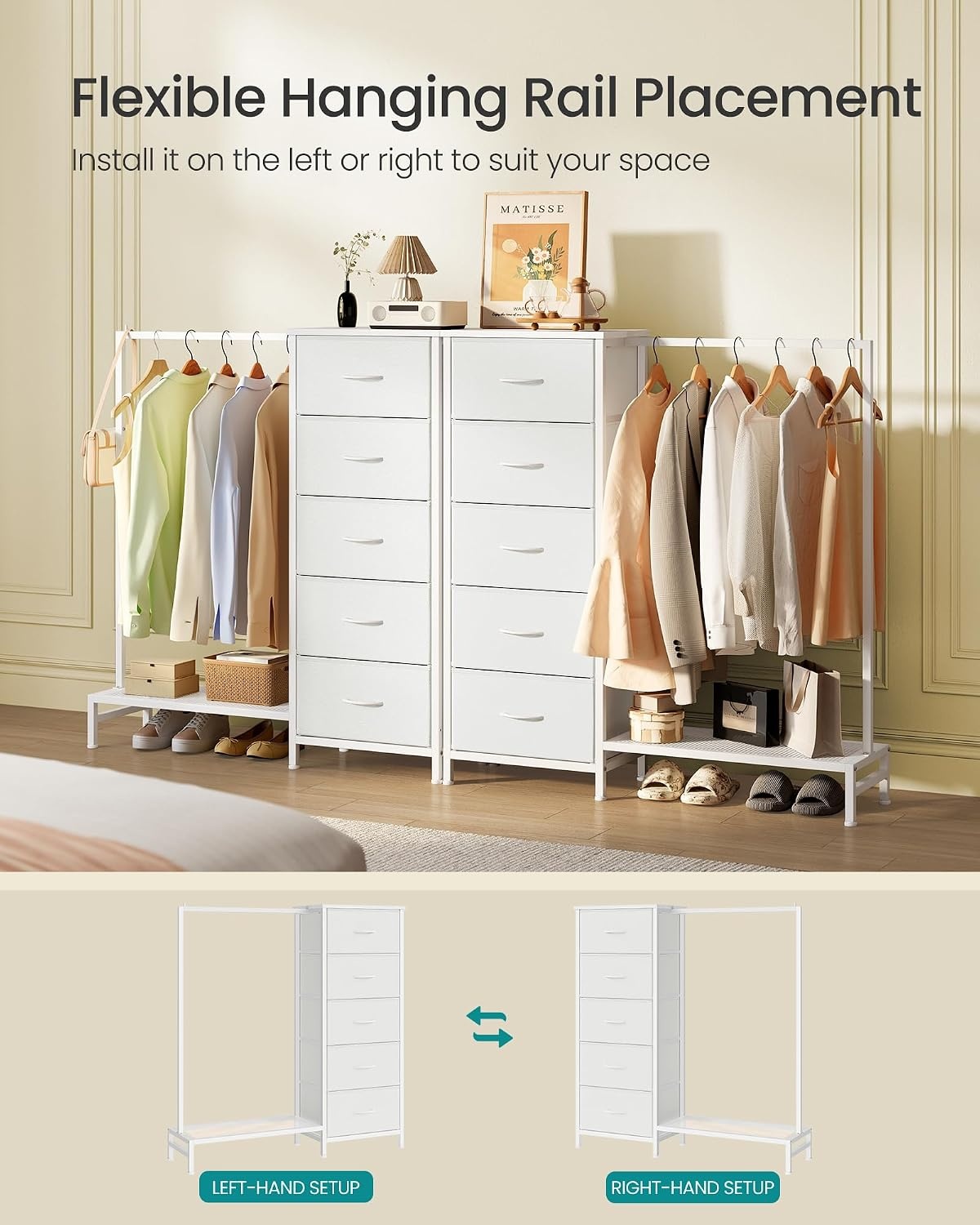 image:imageSONGMICS Dresser with Hanging Rod 5 Fabric Drawers Bottom ShelfCloud White