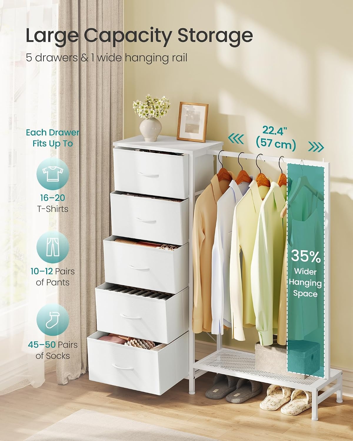 image:imageSONGMICS Dresser with Hanging Rod 5 Fabric Drawers Bottom ShelfCloud White