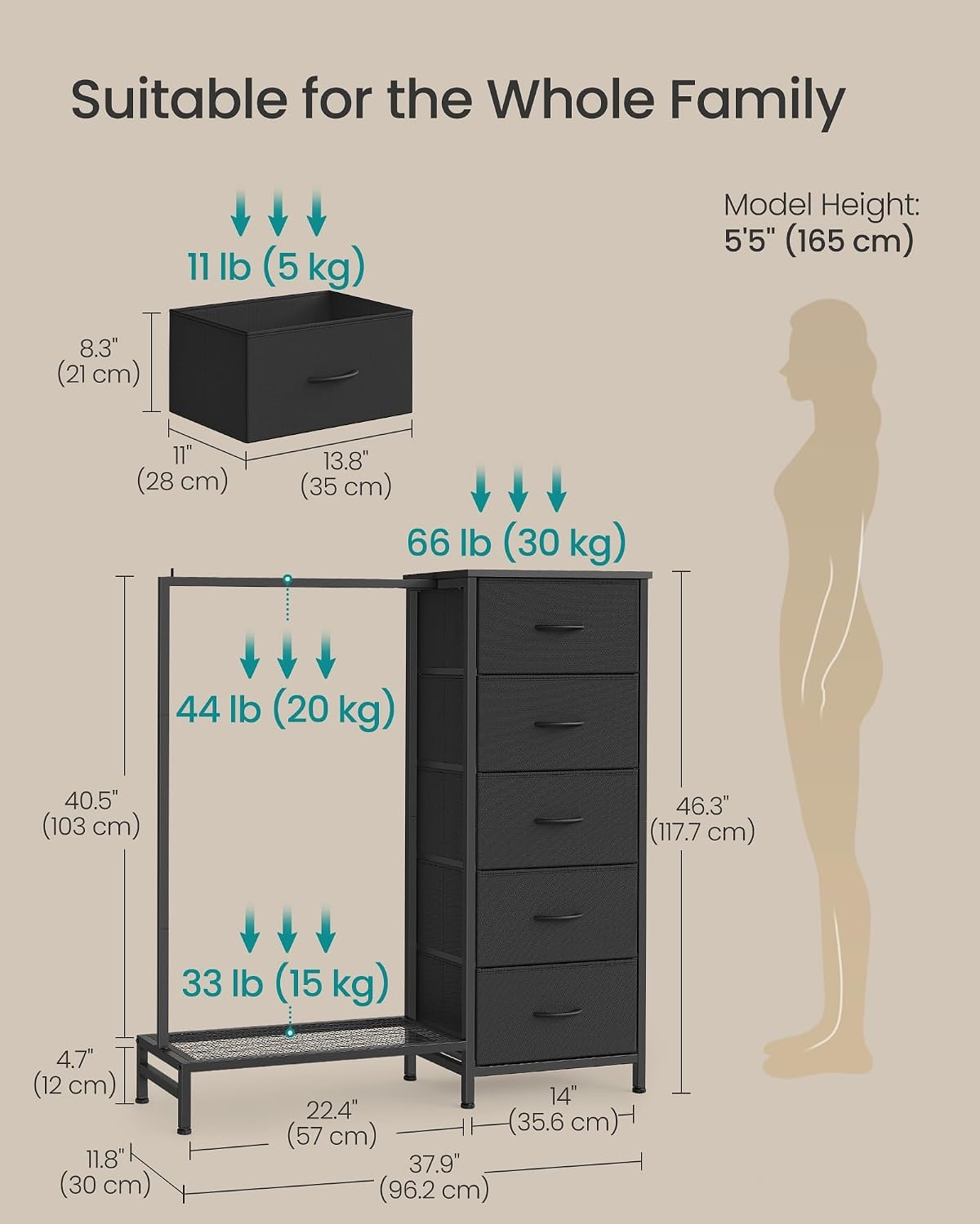 image:imageSONGMICS Dresser with Hanging Rod 5 Fabric Drawers Bottom ShelfInk Black