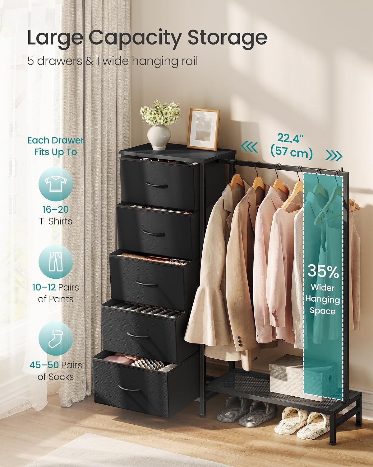 image:imageSONGMICS Dresser with Hanging Rod 5 Fabric Drawers Bottom ShelfInk Black
