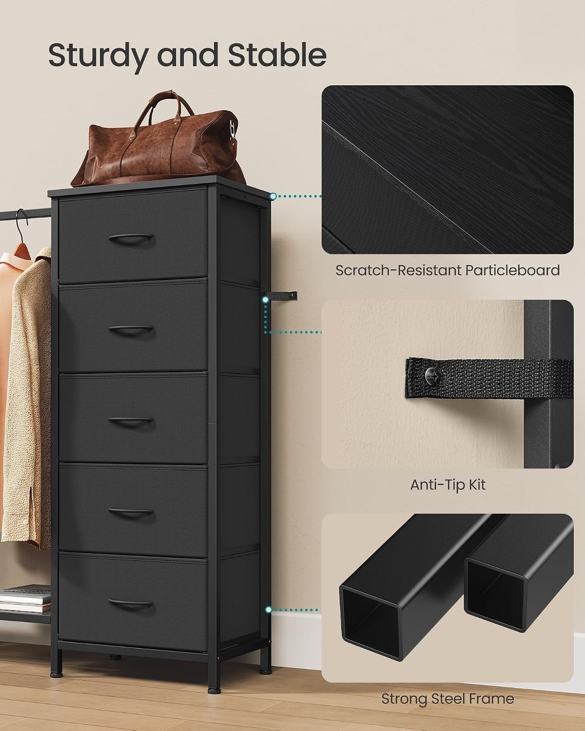 image:imageSONGMICS Dresser with Hanging Rod 5 Fabric Drawers Bottom ShelfInk Black