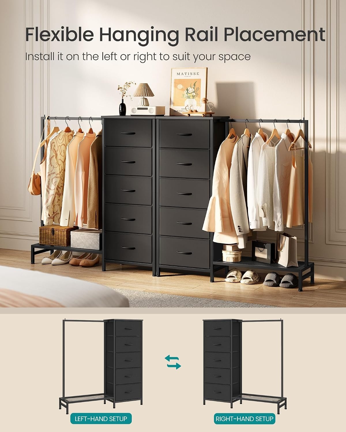 image:imageSONGMICS Dresser with Hanging Rod 5 Fabric Drawers Bottom ShelfInk Black