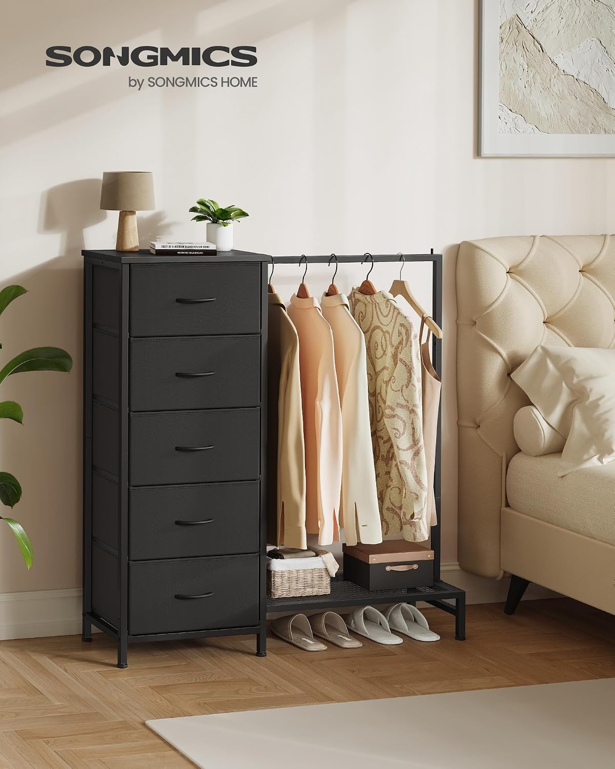image:imageSONGMICS Dresser with Hanging Rod 5 Fabric Drawers Bottom ShelfInk Black