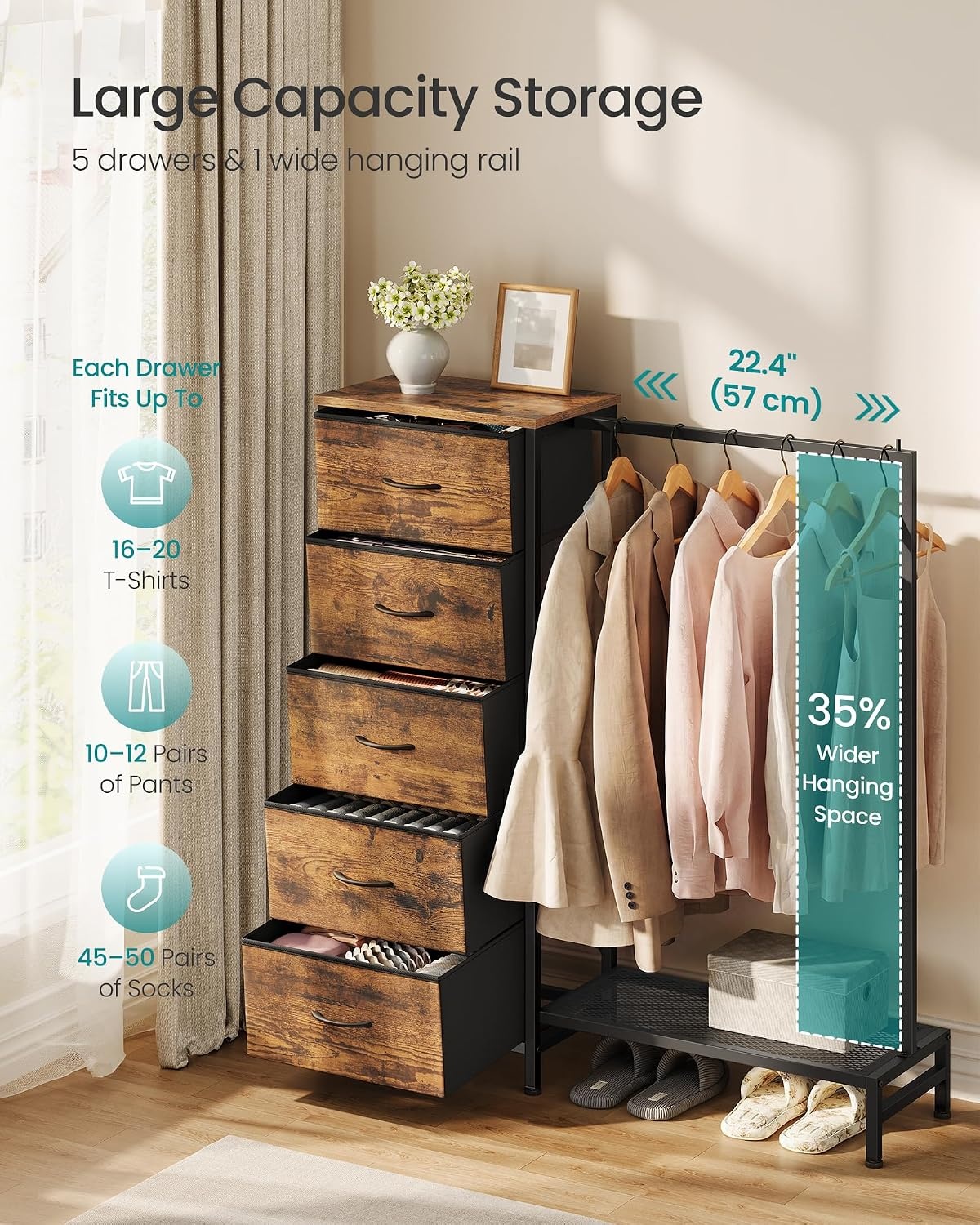 image:imageSONGMICS Dresser with Hanging Rod 5 Fabric Drawers Bottom ShelfRustic Brown