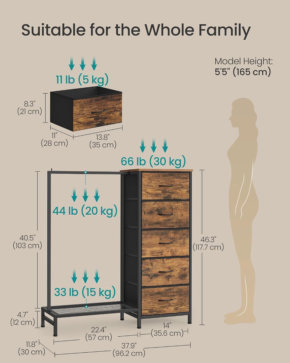 image:imageSONGMICS Dresser with Hanging Rod 5 Fabric Drawers Bottom ShelfRustic Brown
