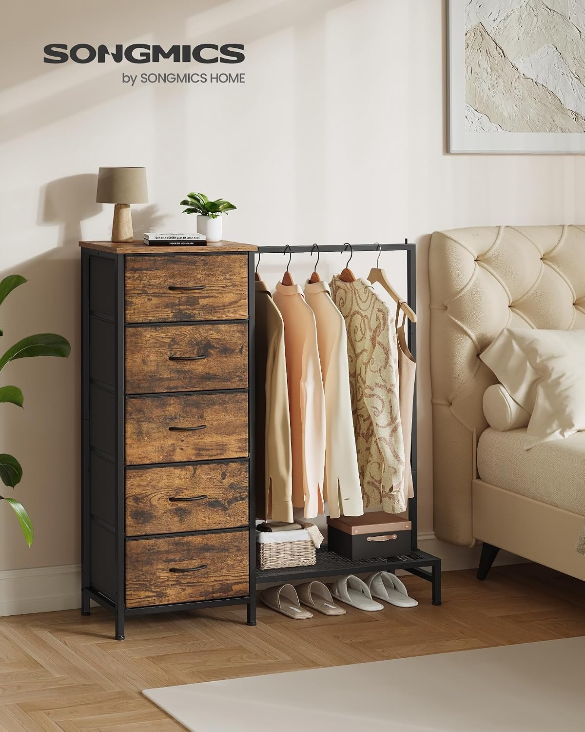 image:imageSONGMICS Dresser with Hanging Rod 5 Fabric Drawers Bottom ShelfRustic Brown