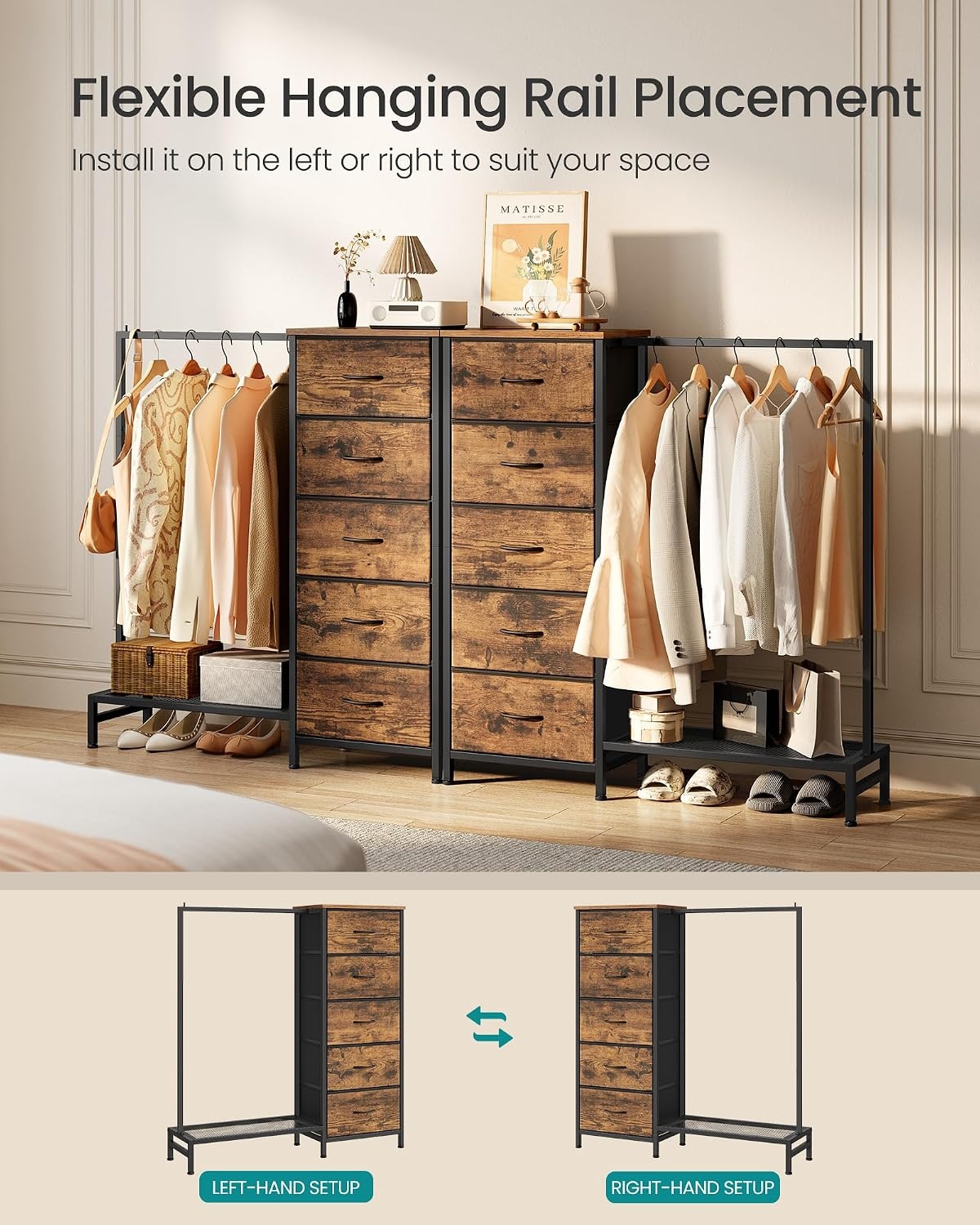 image:imageSONGMICS Dresser with Hanging Rod 5 Fabric Drawers Bottom ShelfRustic Brown