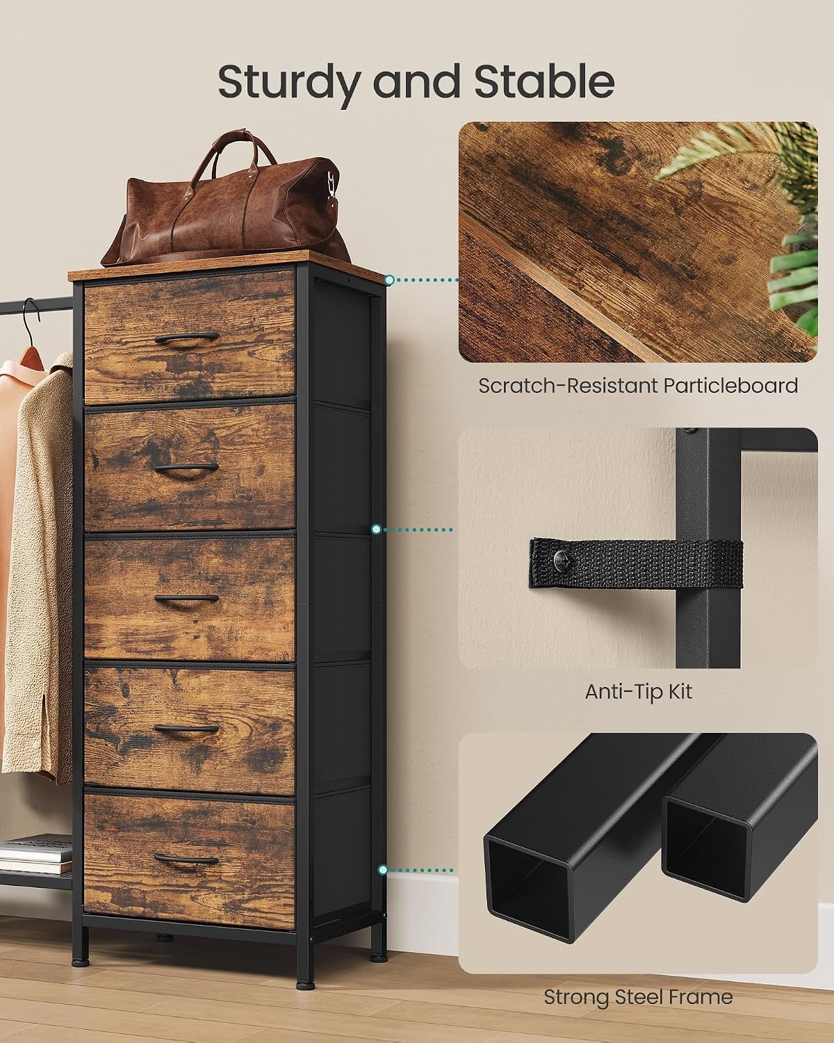 image:imageSONGMICS Dresser with Hanging Rod 5 Fabric Drawers Bottom ShelfRustic Brown