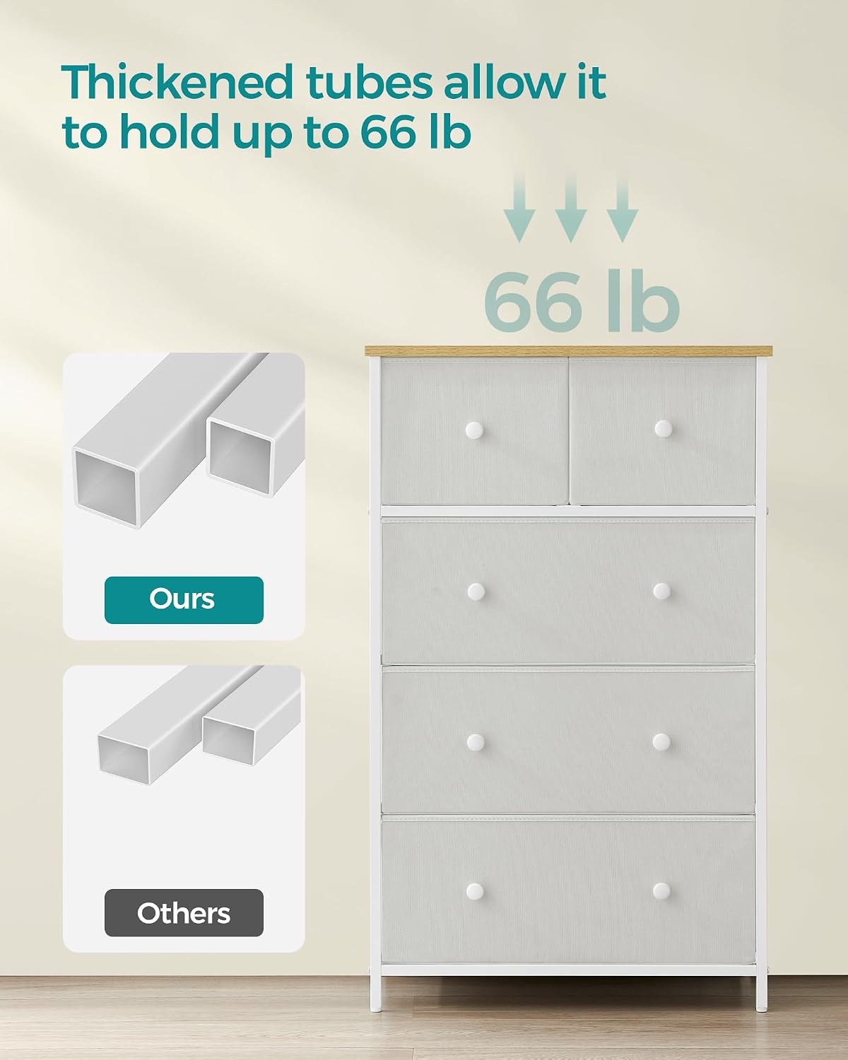 image:imageSONGMICS Dresser with Hanging Rod 5 Fabric Drawers Bottom ShelfWhite Oak