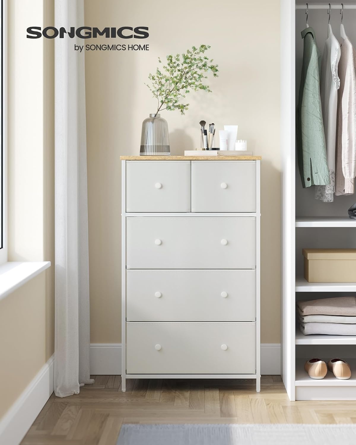image:imageSONGMICS Dresser with Hanging Rod 5 Fabric Drawers Bottom ShelfWhite Oak