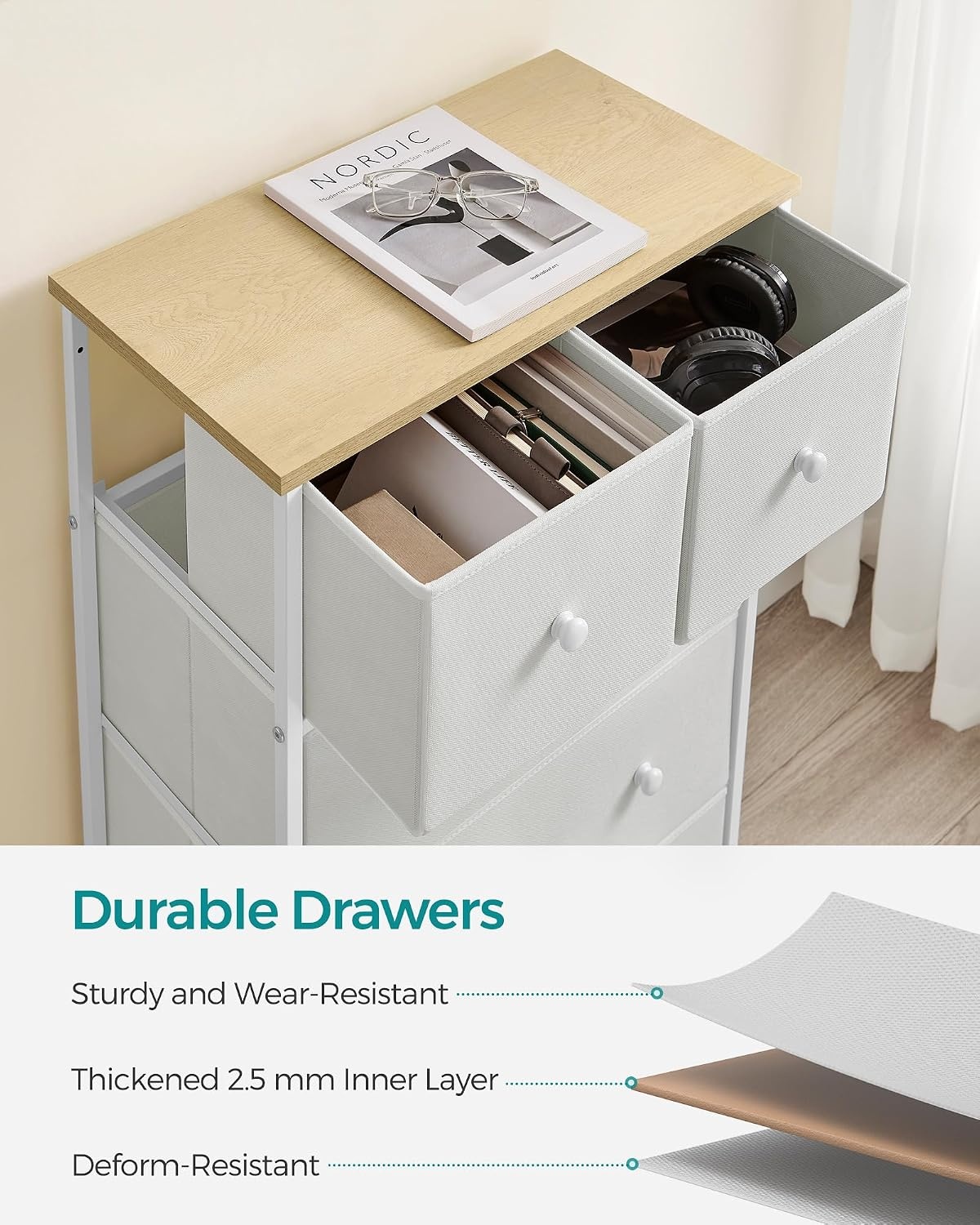 image:imageSONGMICS Dresser with Hanging Rod 5 Fabric Drawers Bottom ShelfWhite Oak