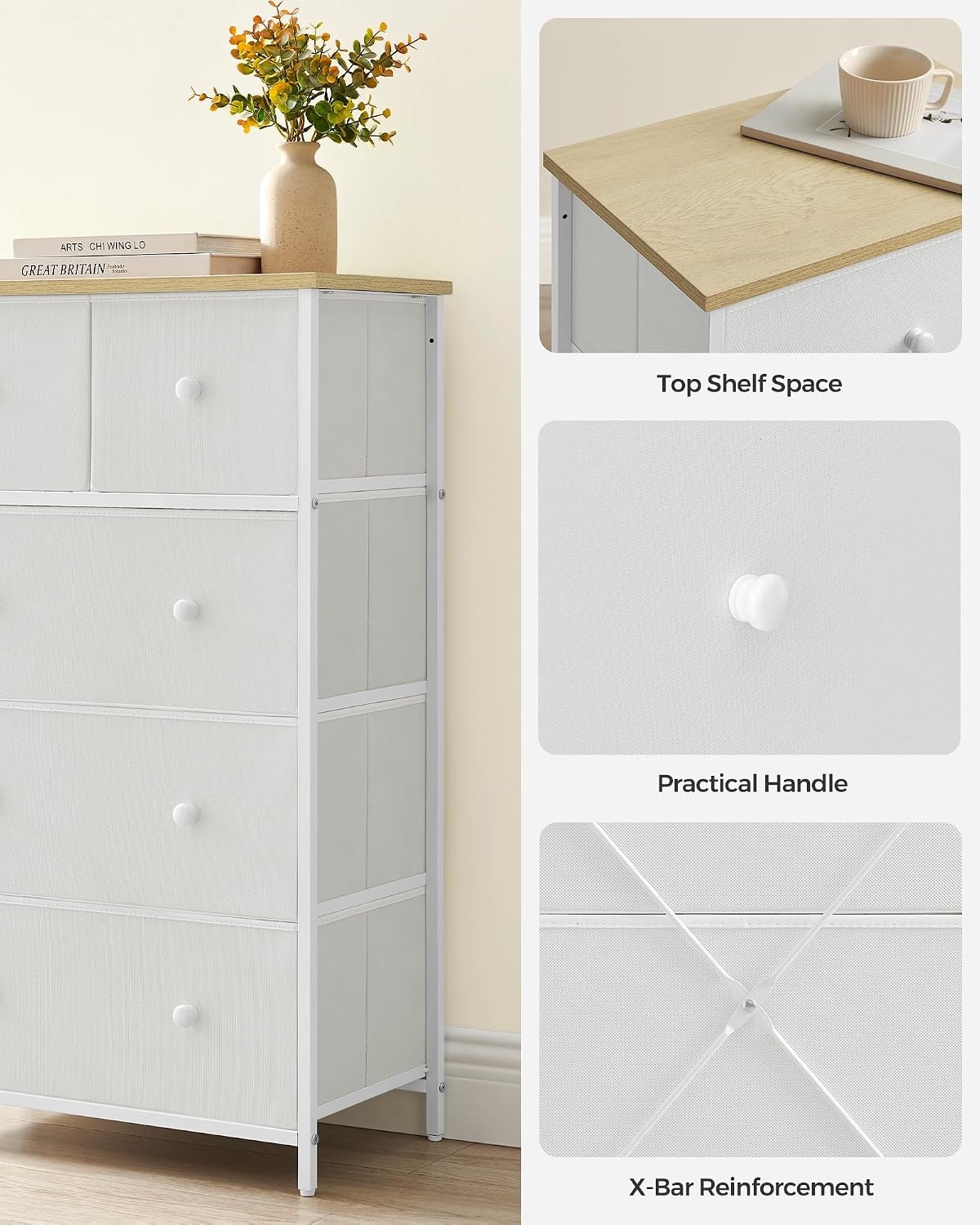 image:imageSONGMICS Dresser with Hanging Rod 5 Fabric Drawers Bottom ShelfWhite Oak