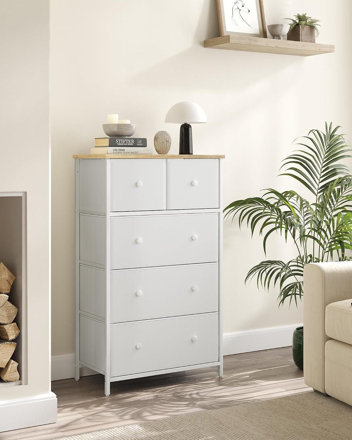 image:imageSONGMICS Dresser with Hanging Rod 5 Fabric Drawers Bottom ShelfWhite Oak