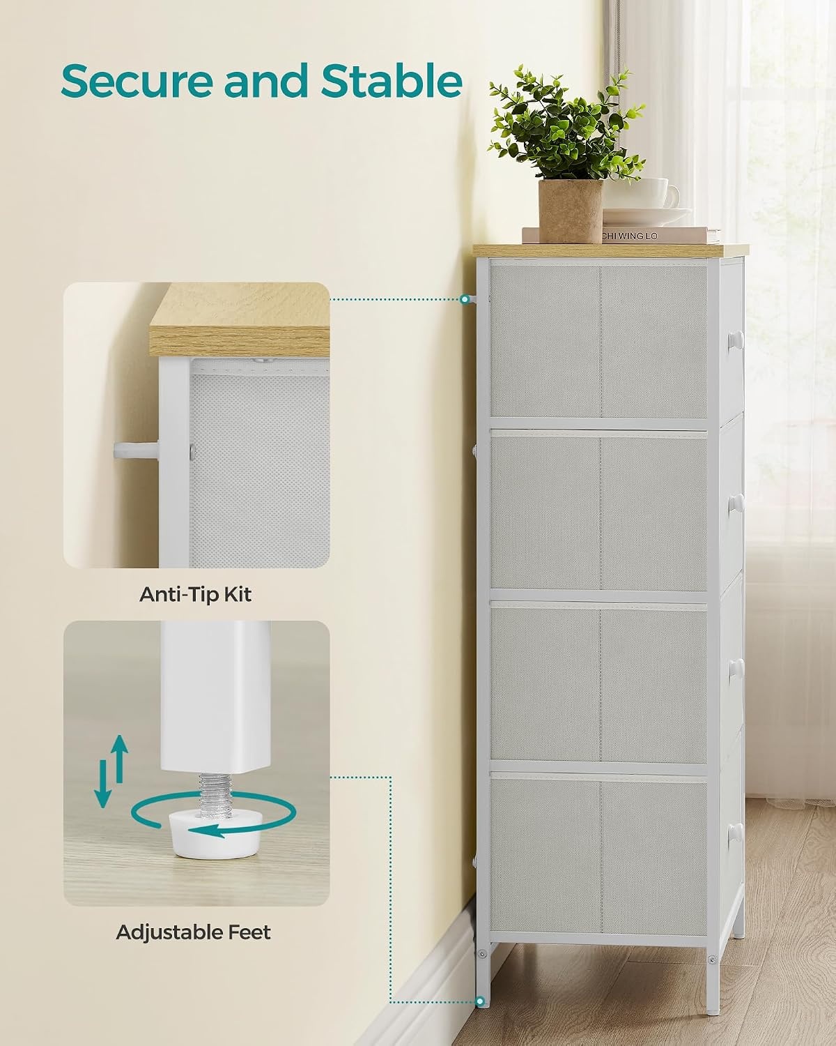 image:imageSONGMICS Dresser with Hanging Rod 5 Fabric Drawers Bottom ShelfWhite Oak