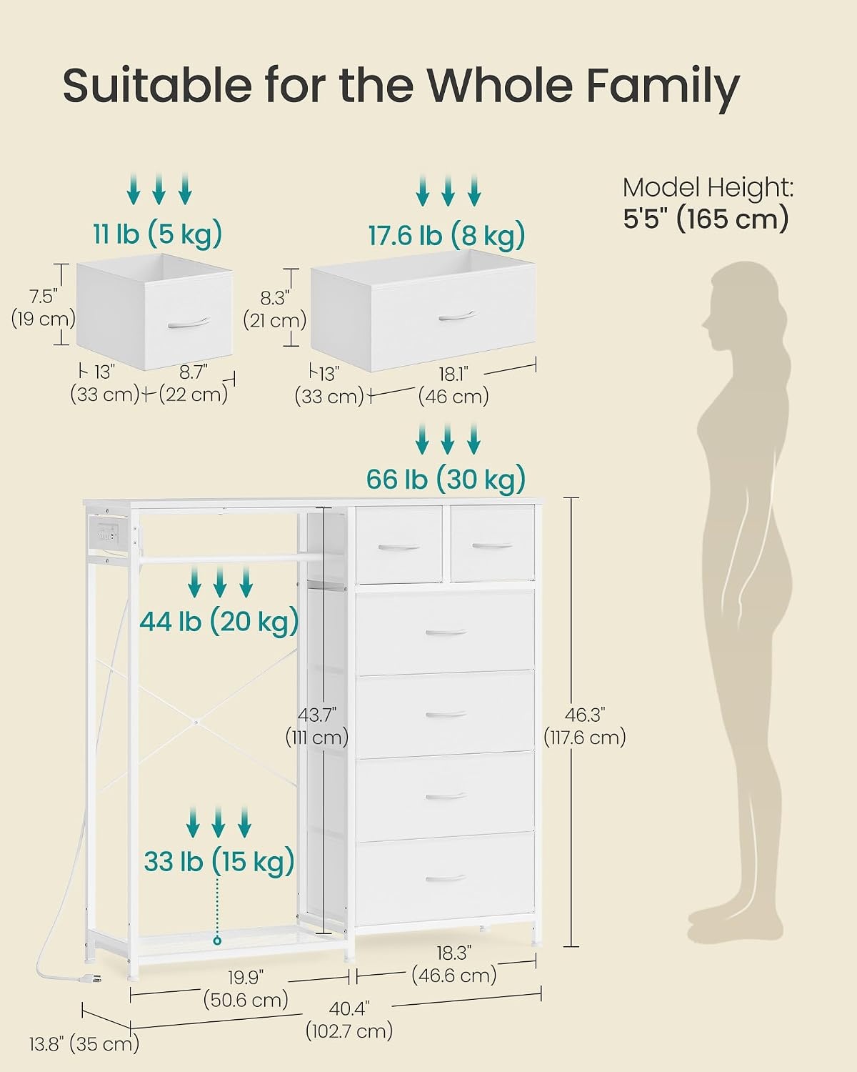 image:imageSONGMICS Dresser with Hanging Rod Closet Organizer with 6 Fabric DrawersCloud White