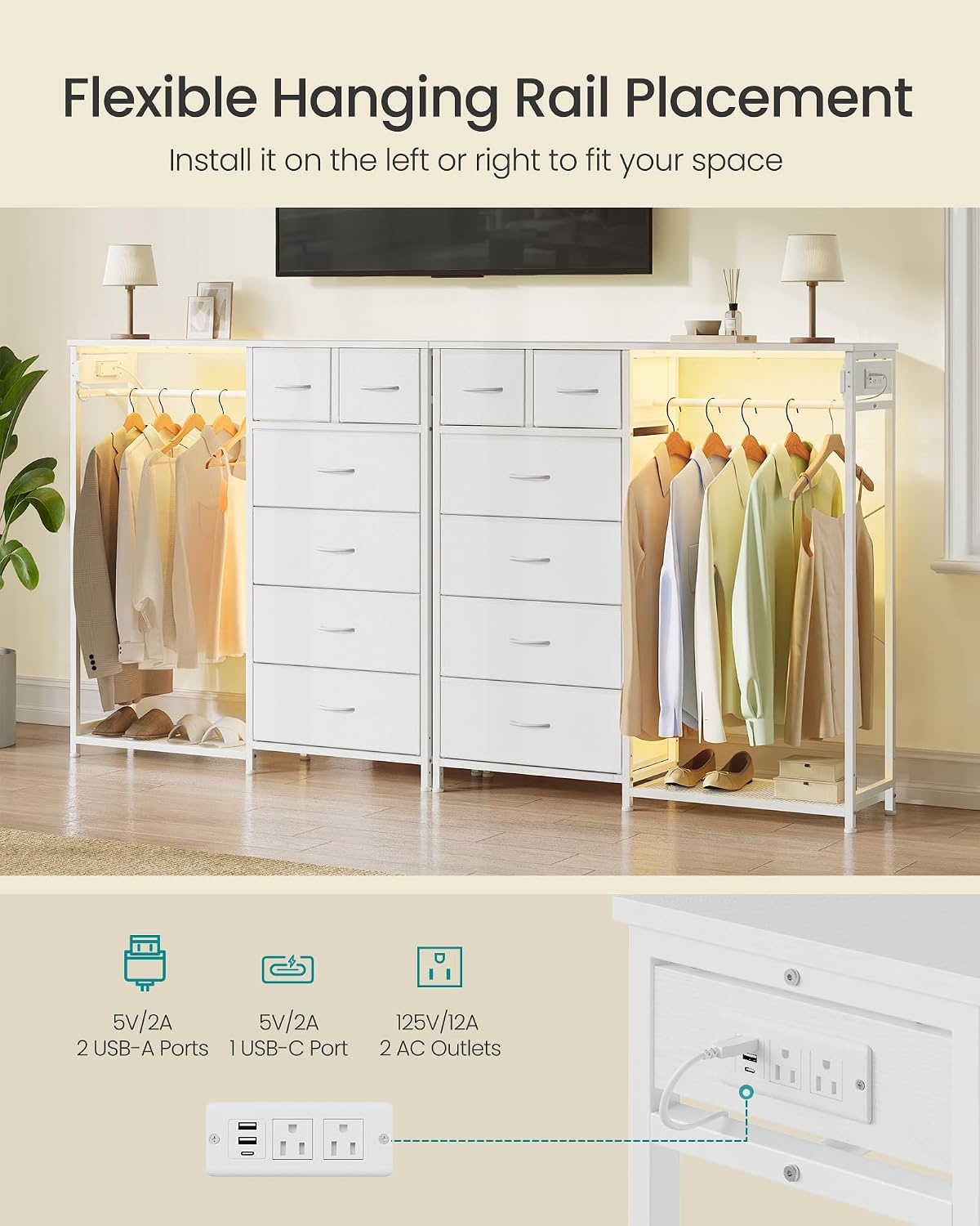 image:imageSONGMICS Dresser with Hanging Rod Closet Organizer with 6 Fabric DrawersCloud White