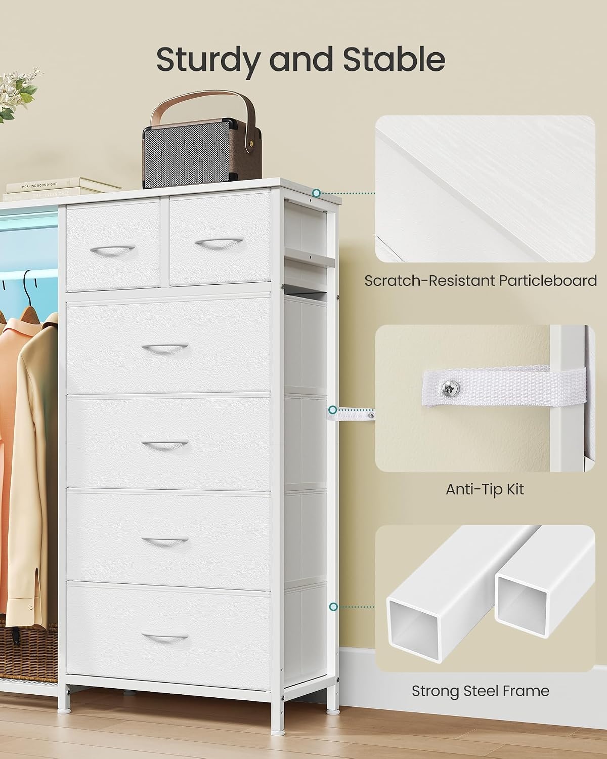 image:imageSONGMICS Dresser with Hanging Rod Closet Organizer with 6 Fabric DrawersCloud White