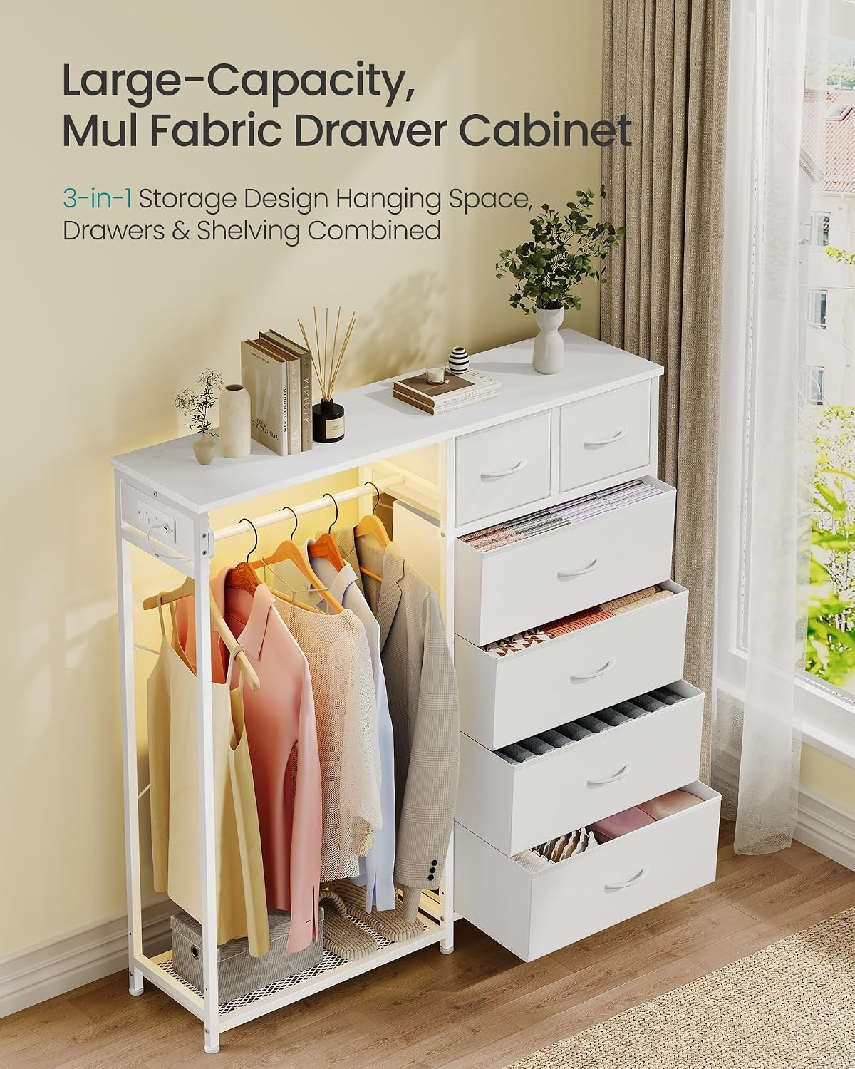 image:imageSONGMICS Dresser with Hanging Rod Closet Organizer with 6 Fabric DrawersCloud White