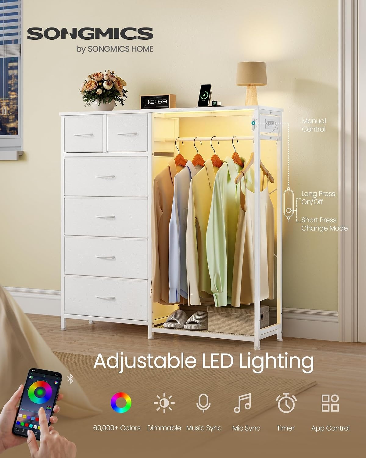 image:imageSONGMICS Dresser with Hanging Rod Closet Organizer with 6 Fabric DrawersCloud White