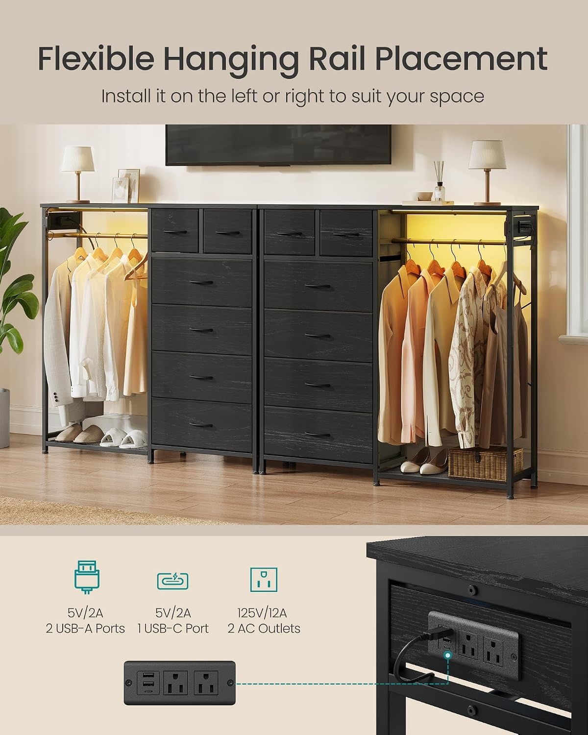 image:imageSONGMICS Dresser with Hanging Rod Closet Organizer with 6 Fabric DrawersInk Black