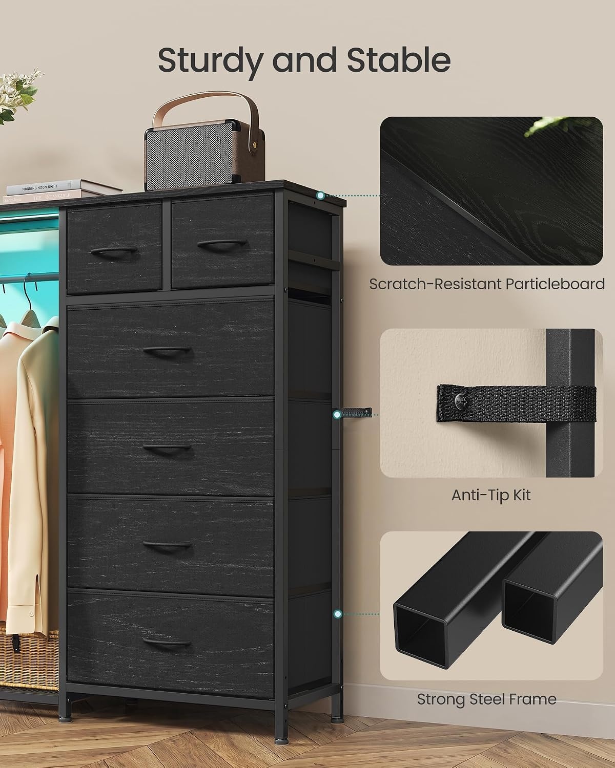 image:imageSONGMICS Dresser with Hanging Rod Closet Organizer with 6 Fabric DrawersInk Black