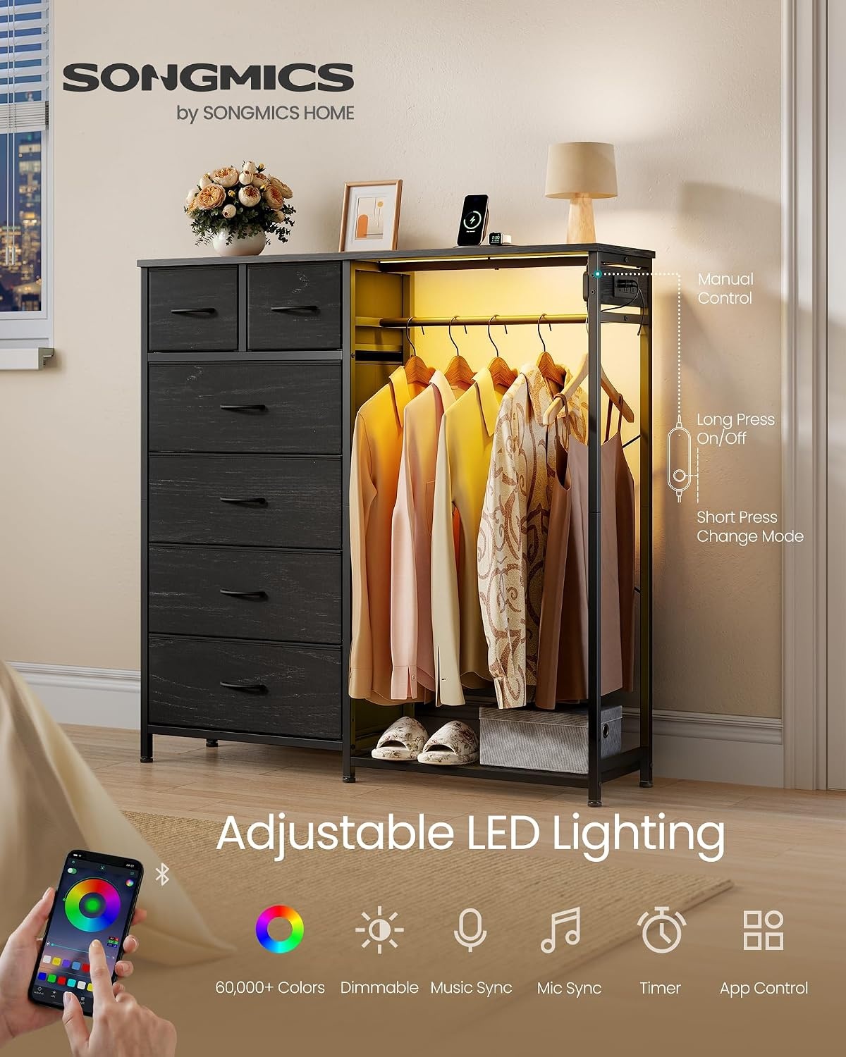 image:imageSONGMICS Dresser with Hanging Rod Closet Organizer with 6 Fabric DrawersInk Black