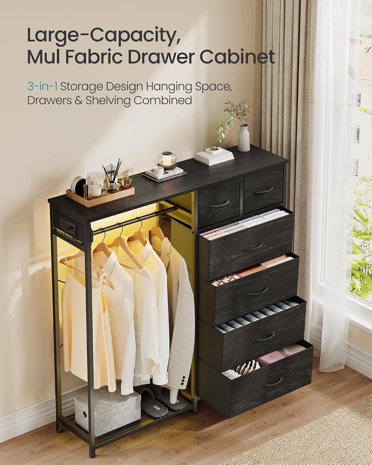 image:imageSONGMICS Dresser with Hanging Rod Closet Organizer with 6 Fabric DrawersInk Black