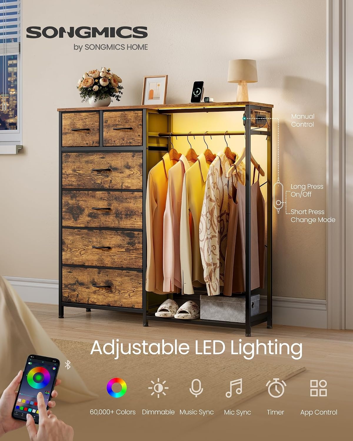 image:imageSONGMICS Dresser with Hanging Rod Closet Organizer with 6 Fabric DrawersRustic Brown