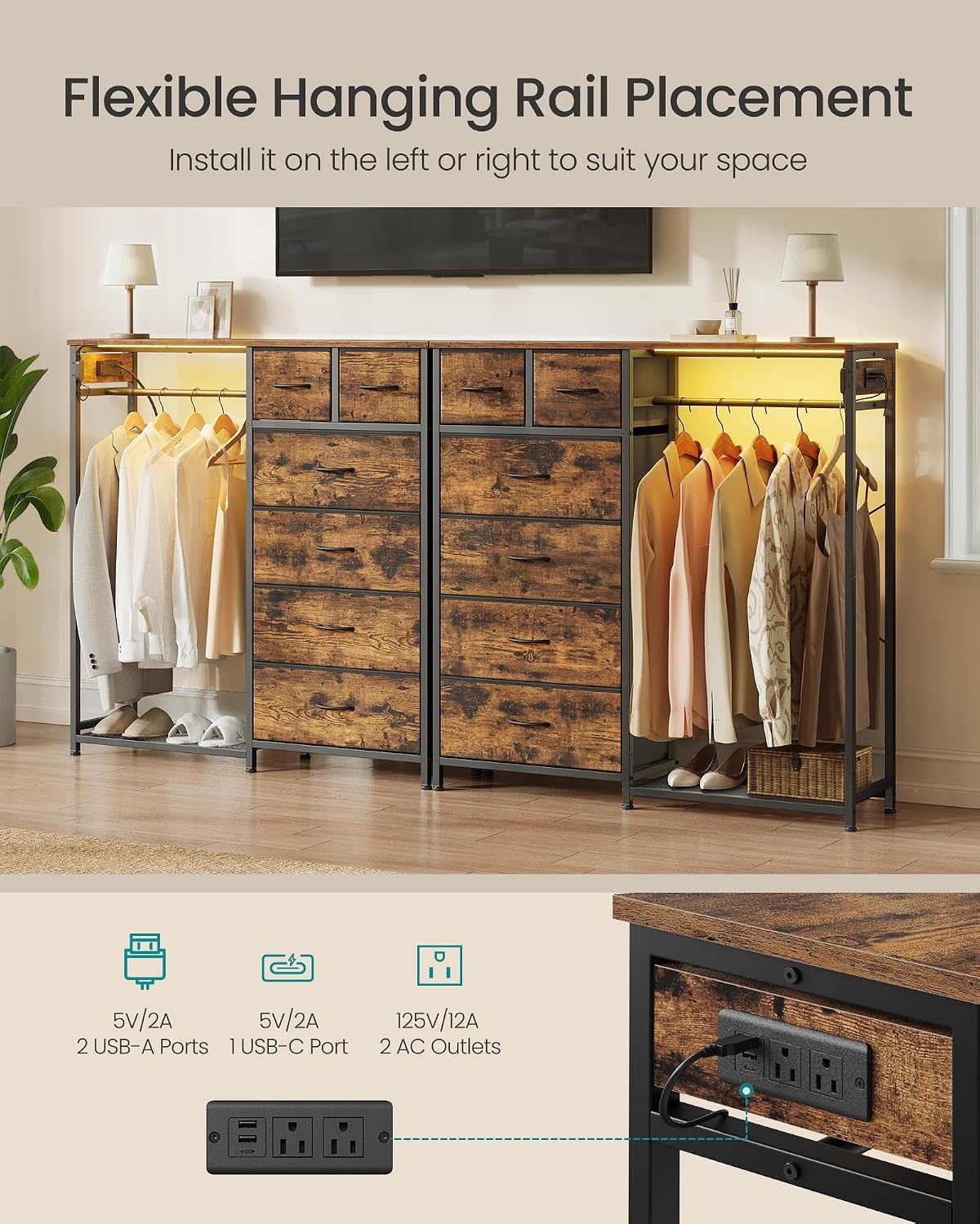 image:imageSONGMICS Dresser with Hanging Rod Closet Organizer with 6 Fabric DrawersRustic Brown
