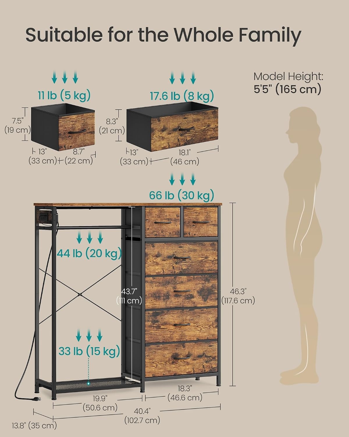 image:imageSONGMICS Dresser with Hanging Rod Closet Organizer with 6 Fabric DrawersRustic Brown